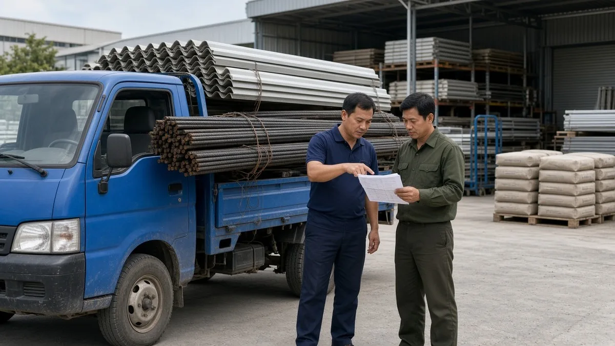 Thủ kho và tài xế đối chiếu hàng trên xe với phiếu xuất kho vật liệu xây dựng
