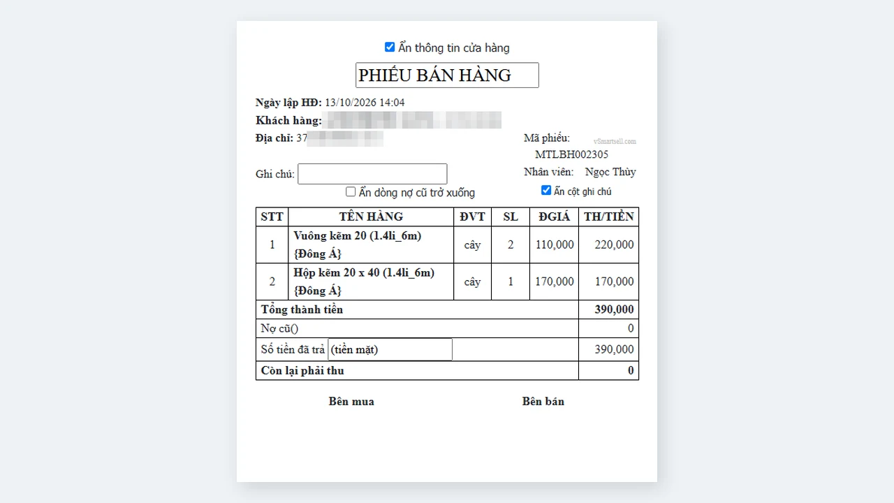 Phiếu bán hàng tôn thép in từ phần mềm VSmartSell